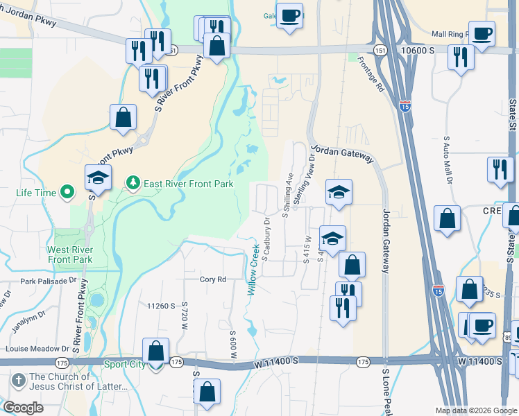 map of restaurants, bars, coffee shops, grocery stores, and more near 11007 Birch Creek Road in South Jordan