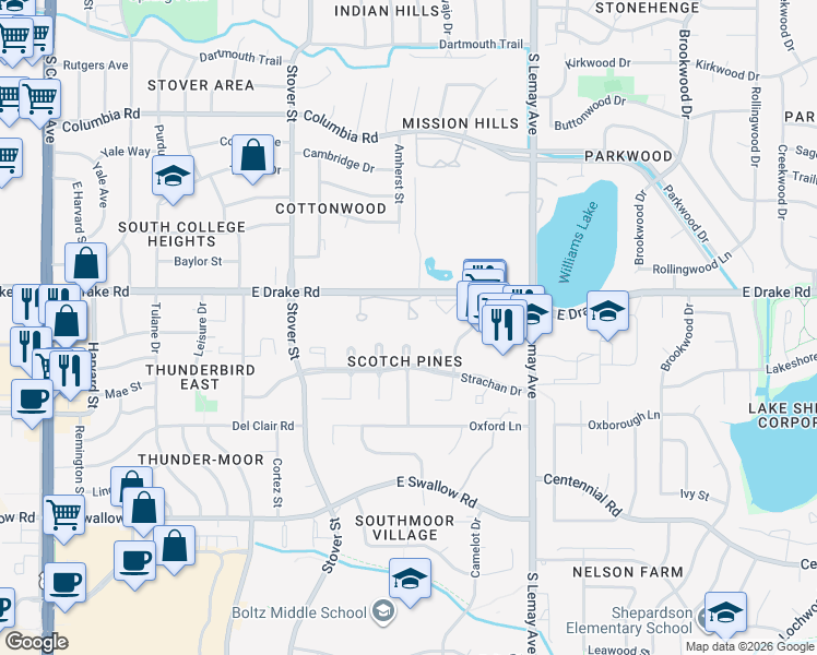 map of restaurants, bars, coffee shops, grocery stores, and more near in Fort Collins