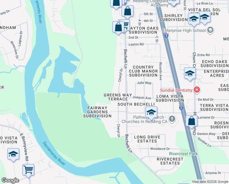 map of restaurants, bars, coffee shops, grocery stores, and more near 3886 Cheryl Drive in Redding