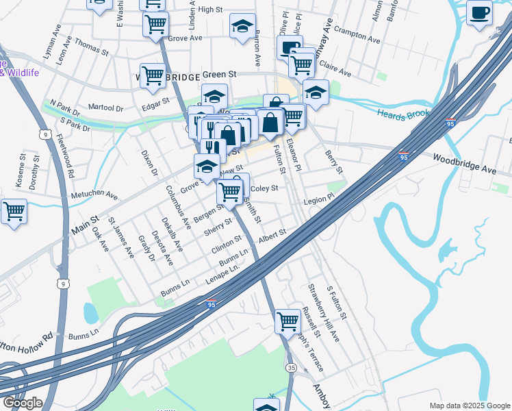 map of restaurants, bars, coffee shops, grocery stores, and more near 76 Caroline Street in Woodbridge Township