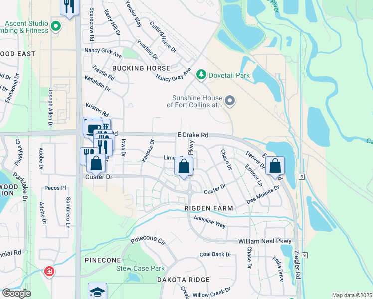 map of restaurants, bars, coffee shops, grocery stores, and more near 2557 Limon Drive in Fort Collins