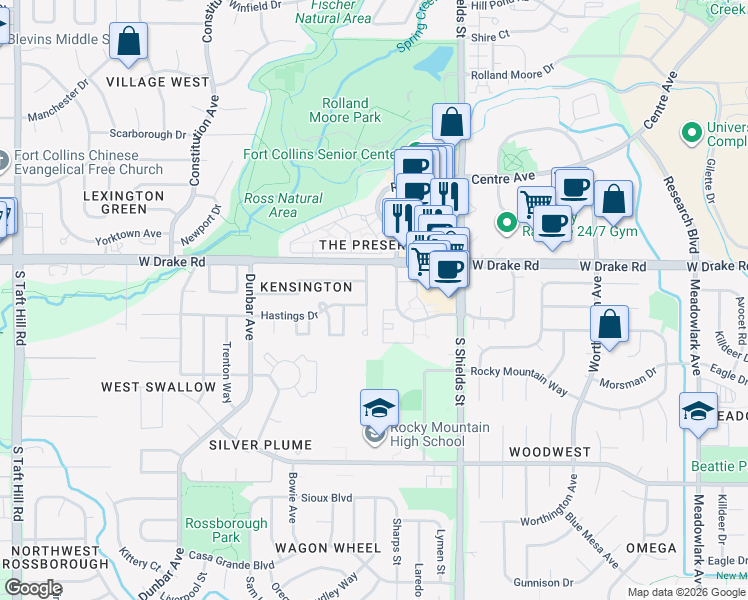 map of restaurants, bars, coffee shops, grocery stores, and more near 2713 Canterbury Drive in Fort Collins