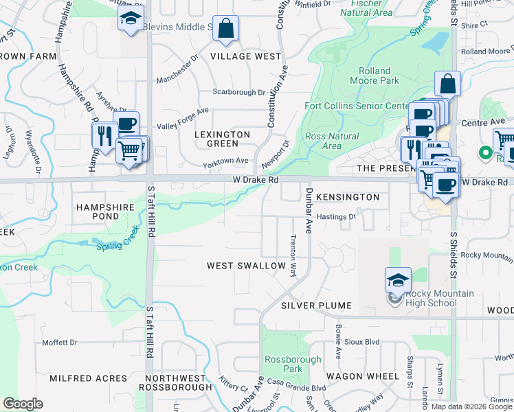 map of restaurants, bars, coffee shops, grocery stores, and more near in Fort Collins