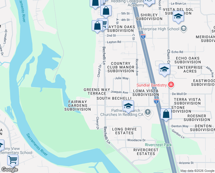 map of restaurants, bars, coffee shops, grocery stores, and more near 3717-3799 Bechelli Lane in Redding