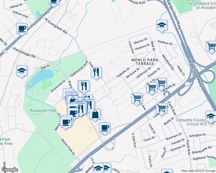 map of restaurants, bars, coffee shops, grocery stores, and more near 161 Evergreen Road in Edison