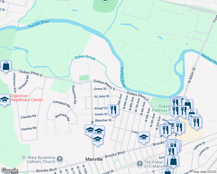 map of restaurants, bars, coffee shops, grocery stores, and more near 413 Clinton Avenue in Manville