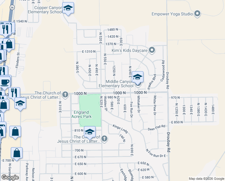 map of restaurants, bars, coffee shops, grocery stores, and more near 588 East 1030 North in Tooele