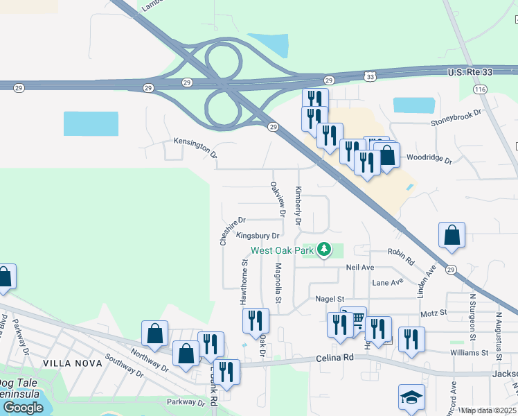 map of restaurants, bars, coffee shops, grocery stores, and more near 1712 Cheshire Drive in Saint Marys