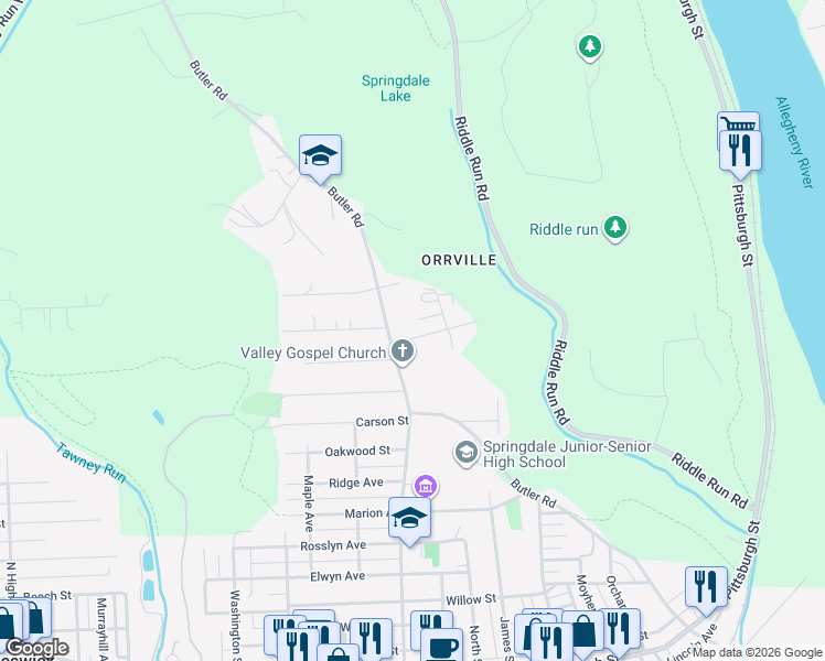 map of restaurants, bars, coffee shops, grocery stores, and more near 126 Melzina Street in Springdale