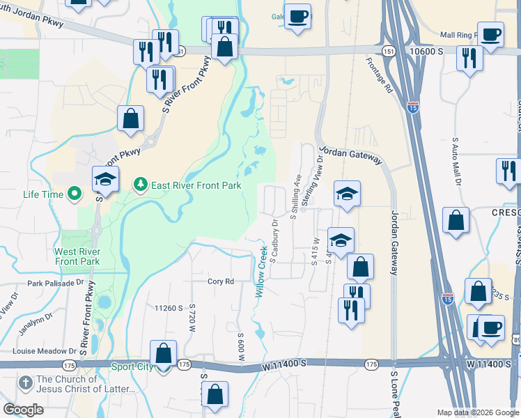 map of restaurants, bars, coffee shops, grocery stores, and more near 555 Birch Park Drive in South Jordan