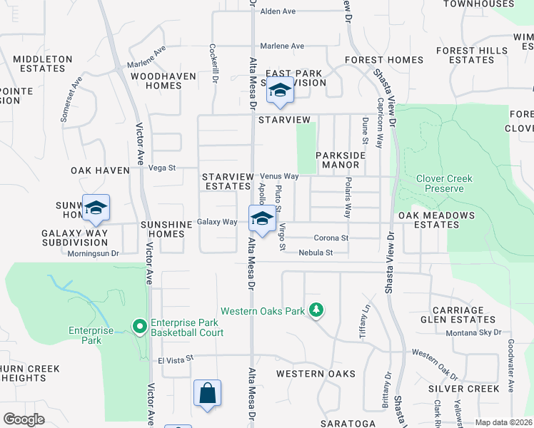 map of restaurants, bars, coffee shops, grocery stores, and more near 2237 Galaxy Way in Redding