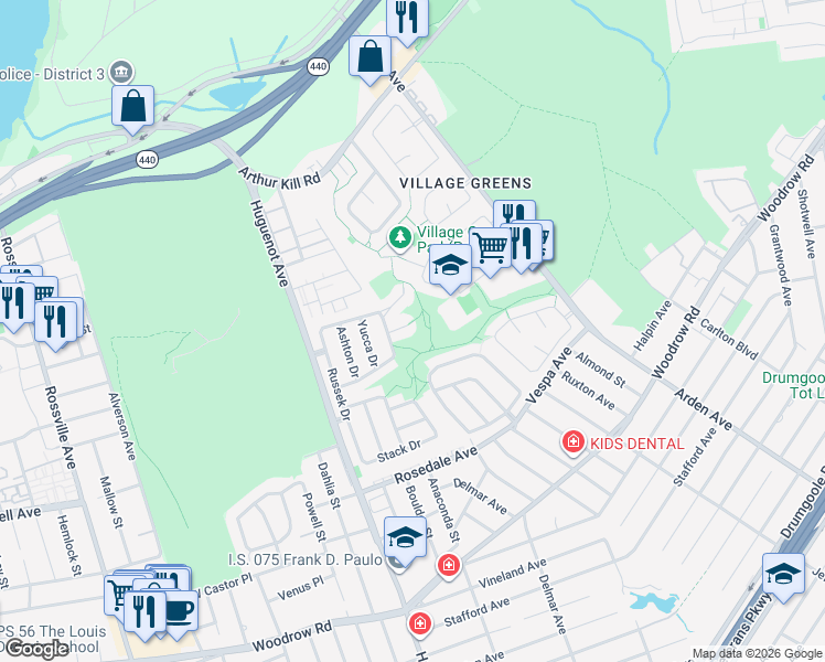 map of restaurants, bars, coffee shops, grocery stores, and more near 16 Maple Court in Staten Island