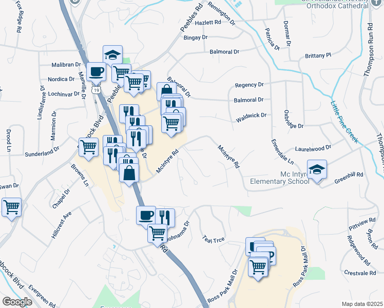 map of restaurants, bars, coffee shops, grocery stores, and more near 100 Van Fleet Cir in Pittsburgh