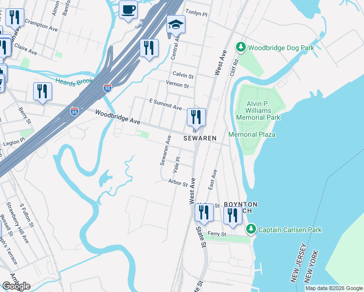 map of restaurants, bars, coffee shops, grocery stores, and more near 27 South Robert Street in Woodbridge Township