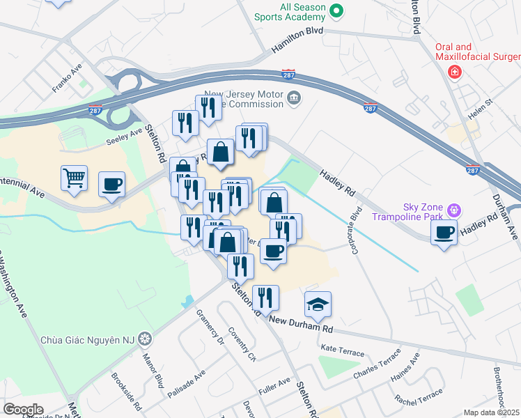map of restaurants, bars, coffee shops, grocery stores, and more near 4971 Stelton Road in South Plainfield