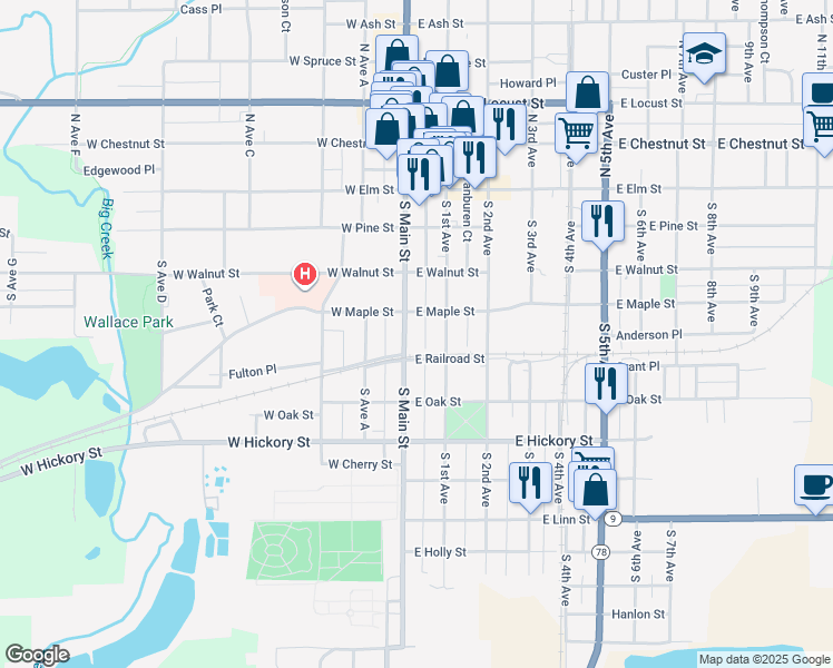 map of restaurants, bars, coffee shops, grocery stores, and more near 1 East Railroad Street in Canton