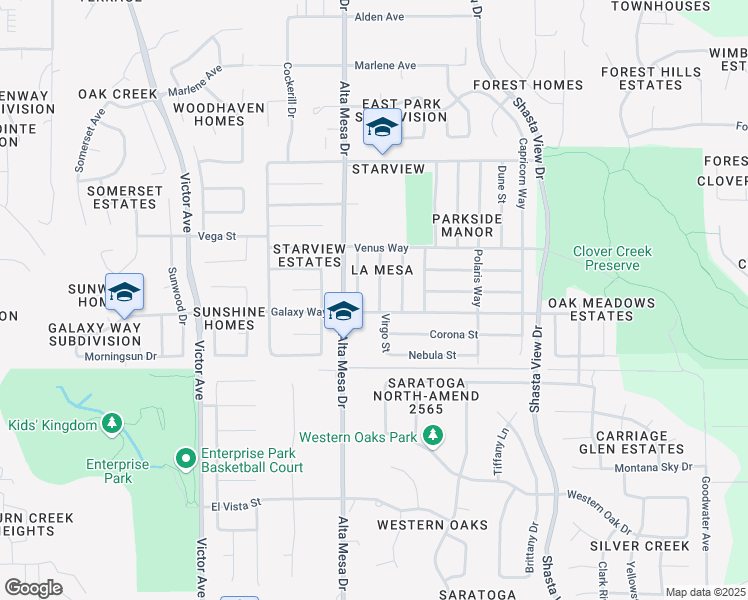 map of restaurants, bars, coffee shops, grocery stores, and more near 3880 Pluto Street in Redding