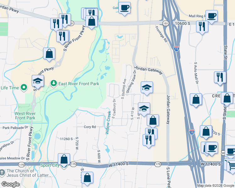 map of restaurants, bars, coffee shops, grocery stores, and more near 11036 Cadbury Drive in South Jordan