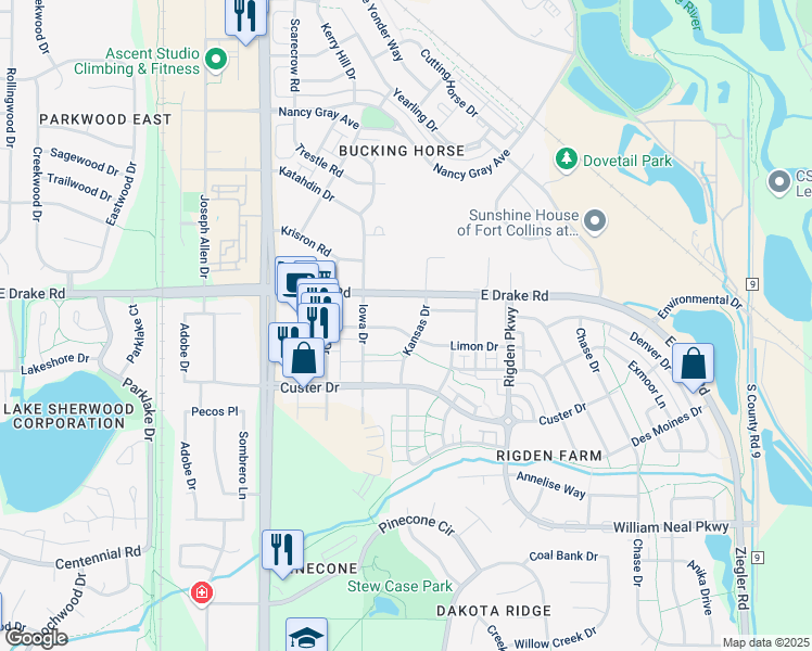map of restaurants, bars, coffee shops, grocery stores, and more near 2350 Limon Drive in Fort Collins