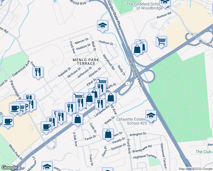 map of restaurants, bars, coffee shops, grocery stores, and more near 156 West Kelly Street in Metuchen
