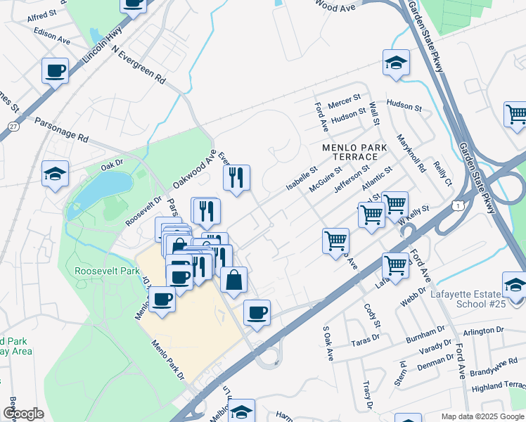 map of restaurants, bars, coffee shops, grocery stores, and more near 161 Evergreen Road in Edison