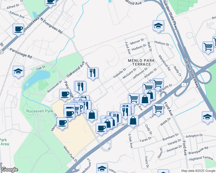 map of restaurants, bars, coffee shops, grocery stores, and more near 170 Evergreen Road in Edison