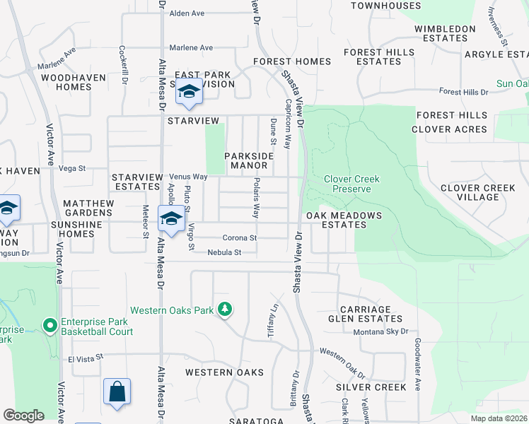 map of restaurants, bars, coffee shops, grocery stores, and more near 2515 Celestial Street in Redding