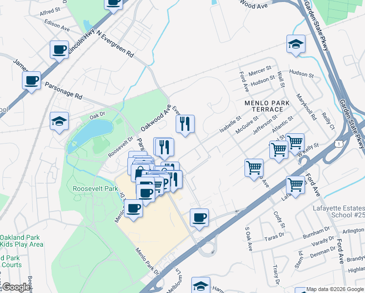 map of restaurants, bars, coffee shops, grocery stores, and more near 153 Evergreen Road in Edison