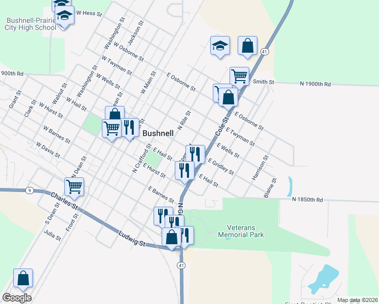 map of restaurants, bars, coffee shops, grocery stores, and more near 500-598 North Sperry Street in Bushnell