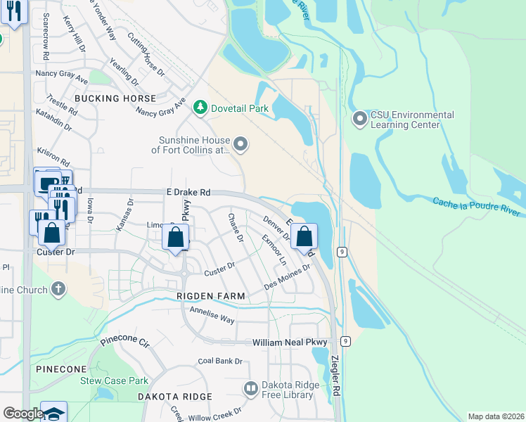 map of restaurants, bars, coffee shops, grocery stores, and more near 2730 Exmoor Lane in Fort Collins