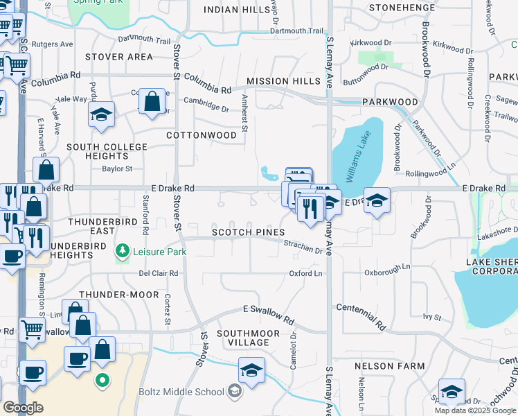 map of restaurants, bars, coffee shops, grocery stores, and more near in Fort Collins