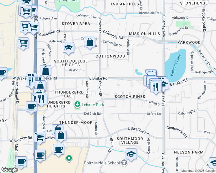 map of restaurants, bars, coffee shops, grocery stores, and more near 636 Heather Court in Fort Collins
