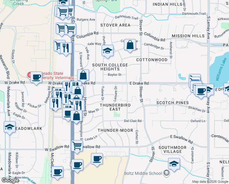 map of restaurants, bars, coffee shops, grocery stores, and more near 2700 Leisure Drive in Fort Collins