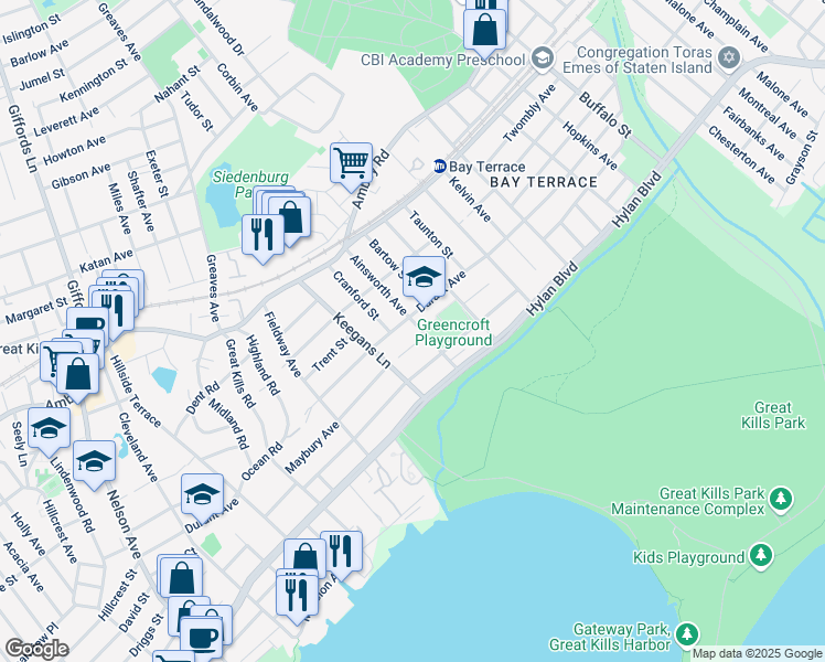 map of restaurants, bars, coffee shops, grocery stores, and more near 120 Maybury Avenue in Staten Island