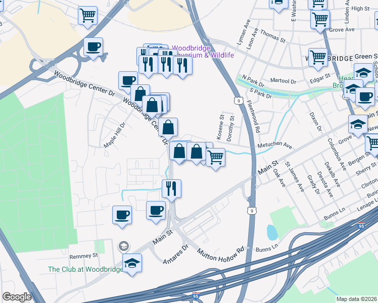 map of restaurants, bars, coffee shops, grocery stores, and more near 31 Woodbridge Center Drive in Woodbridge Township