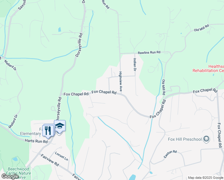 map of restaurants, bars, coffee shops, grocery stores, and more near 1915 Fox Chapel Road in Pittsburgh