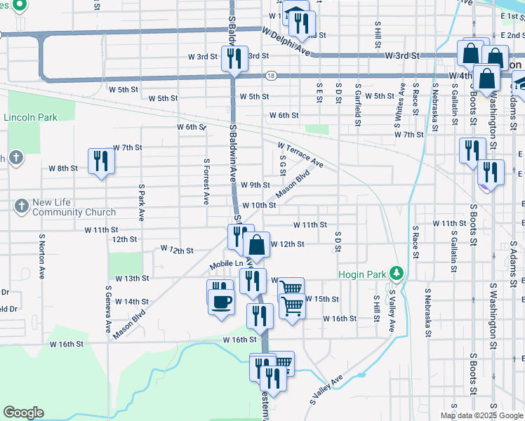 map of restaurants, bars, coffee shops, grocery stores, and more near 1048-1098 S Western Ave in Marion