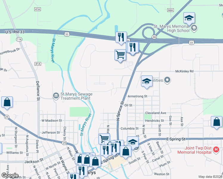 map of restaurants, bars, coffee shops, grocery stores, and more near 600 Grove Lane in Saint Marys