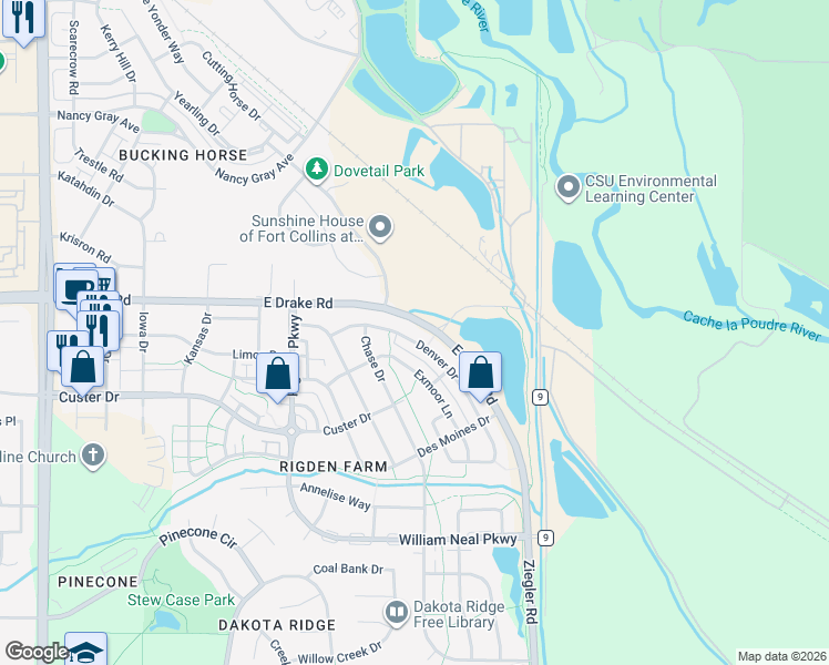 map of restaurants, bars, coffee shops, grocery stores, and more near 2730 Exmoor Lane in Fort Collins