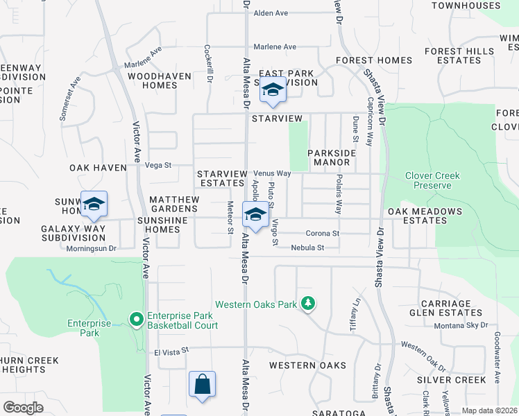 map of restaurants, bars, coffee shops, grocery stores, and more near 3867 Apollo Street in Redding
