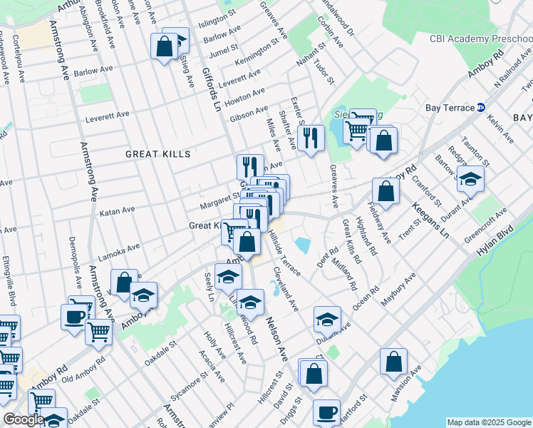 map of restaurants, bars, coffee shops, grocery stores, and more near 3936 Amboy Road in Staten Island