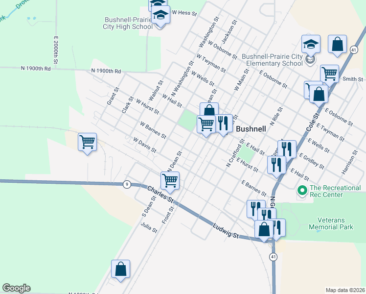 map of restaurants, bars, coffee shops, grocery stores, and more near 300 North Dean Street in Bushnell