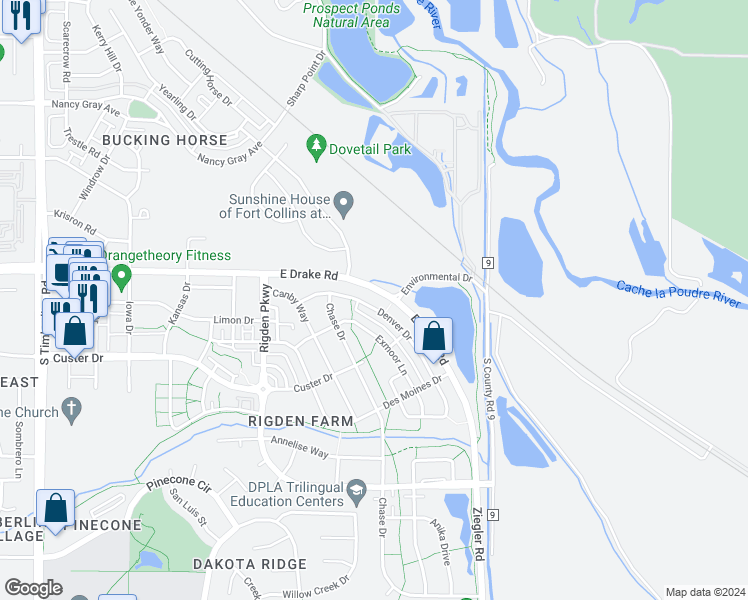 map of restaurants, bars, coffee shops, grocery stores, and more near 2832 Denver Drive in Fort Collins