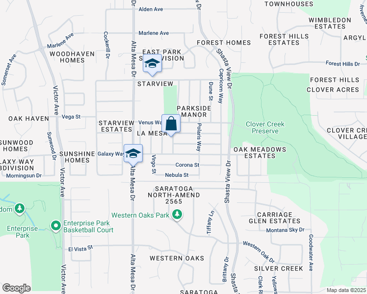 map of restaurants, bars, coffee shops, grocery stores, and more near 2365 Galaxy Way in Redding