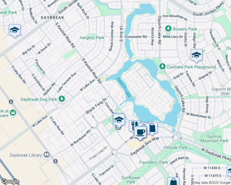 map of restaurants, bars, coffee shops, grocery stores, and more near 11009 South Kestrel Rise Road in South Jordan
