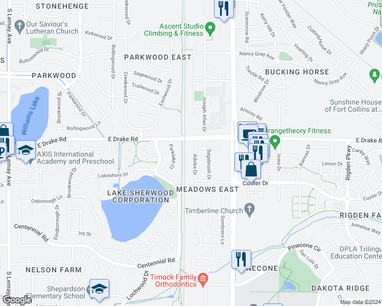 map of restaurants, bars, coffee shops, grocery stores, and more near 2625 Adobe Drive in Fort Collins