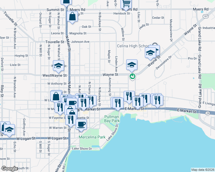 map of restaurants, bars, coffee shops, grocery stores, and more near 415 East Fulton Street in Celina