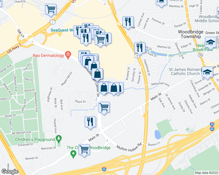 map of restaurants, bars, coffee shops, grocery stores, and more near 31 Woodbridge Center Drive in Woodbridge Township