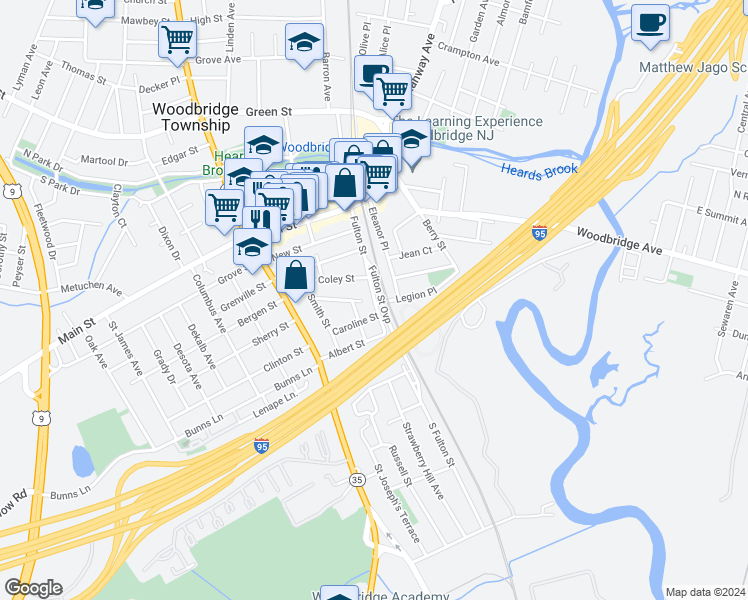 map of restaurants, bars, coffee shops, grocery stores, and more near 285 Fulton Street in Woodbridge Township