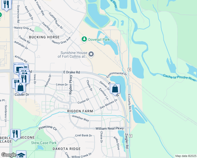 map of restaurants, bars, coffee shops, grocery stores, and more near 2826 Denver Drive in Fort Collins